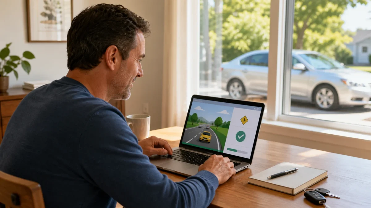 Driver taking an online defensive driving course at a sunlit table