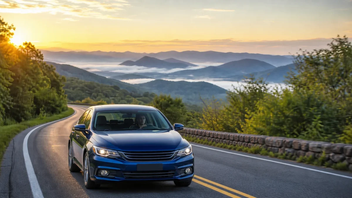 Blue sedan approaching safely on a Virginia Blue Ridge road at sunrise