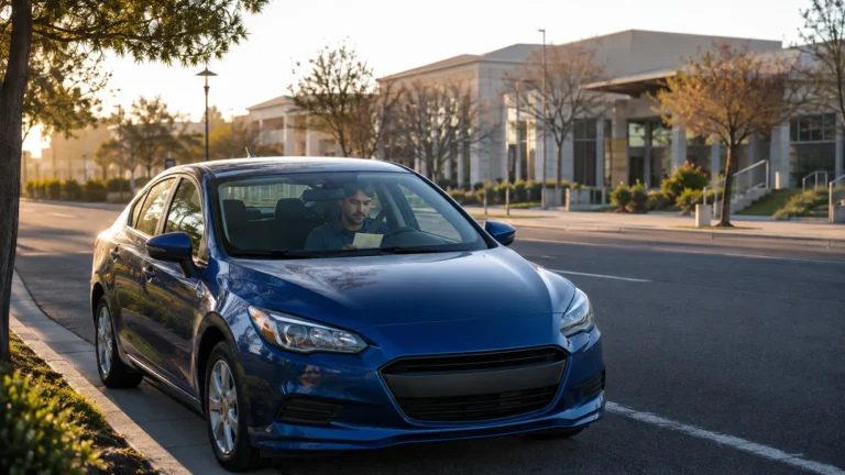 Parked blue sedan outside a California civic building as a belted driver reviews an unreadable traffic notice.