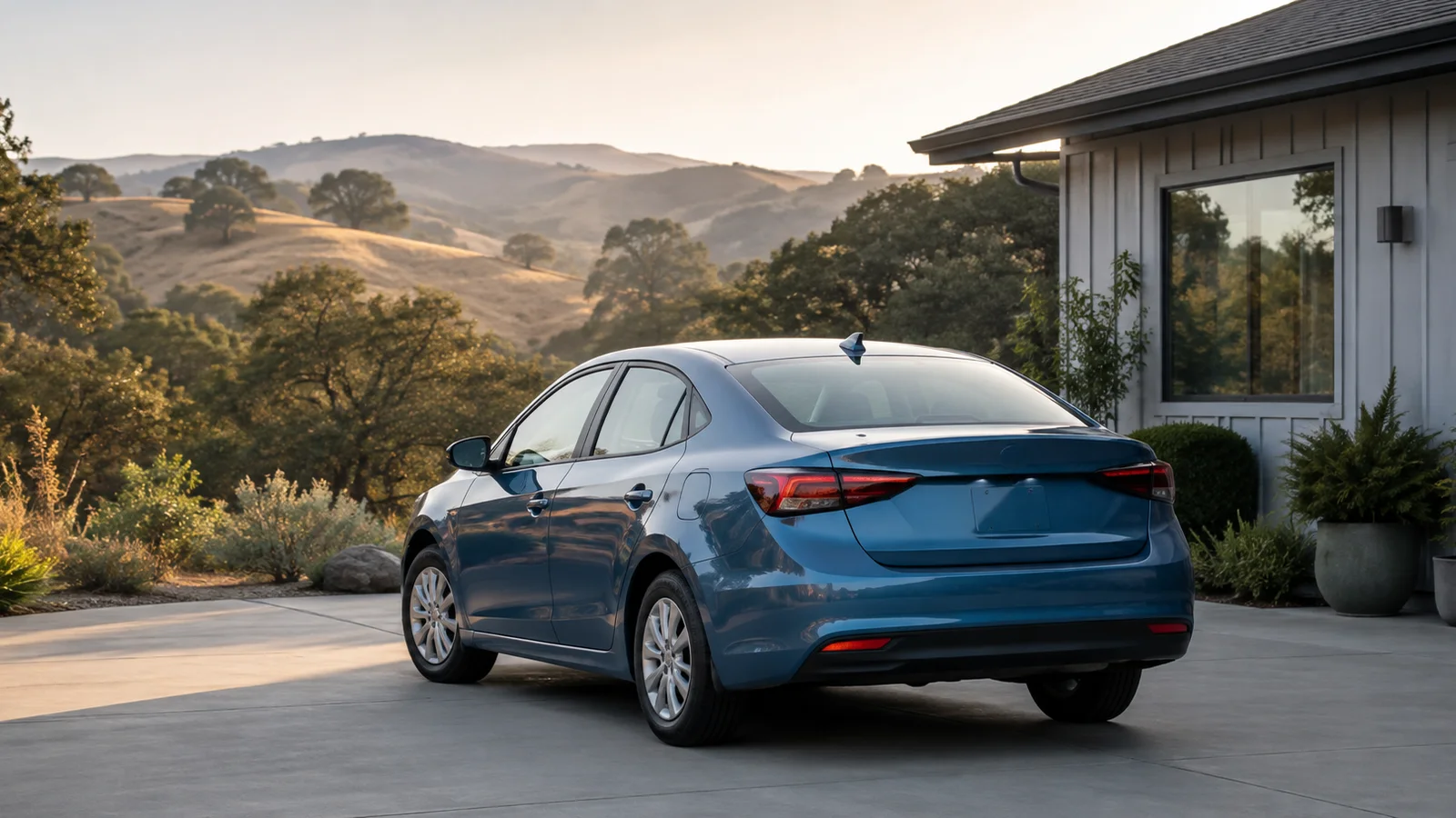 Blue sedan parked on a residential driveway overlooking California’s dry golden hills