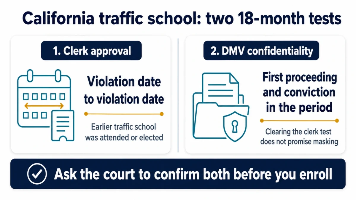 Two-part California traffic-school diagram comparing the clerk's violation-date test with DMV's proceeding-and-conviction confidentiality test.
