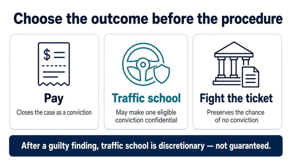 Three-card comparison of paying, traffic school, and fighting a California ticket, with a warning that post-trial traffic school is discretionary.