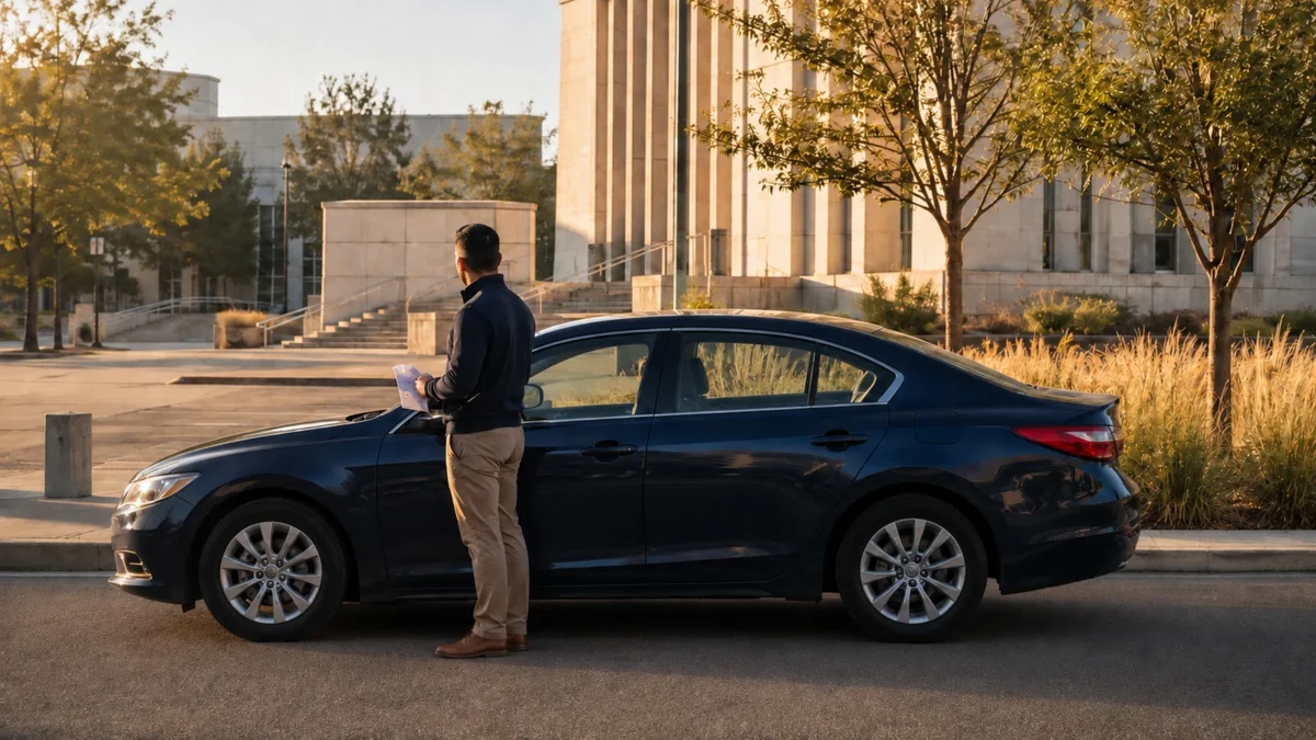 California driver holding an unreadable traffic notice beside a blue sedan outside a civic building.
