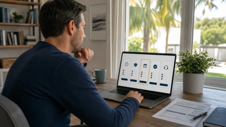 Florida driver comparing approved Basic Driver Improvement courses on a laptop