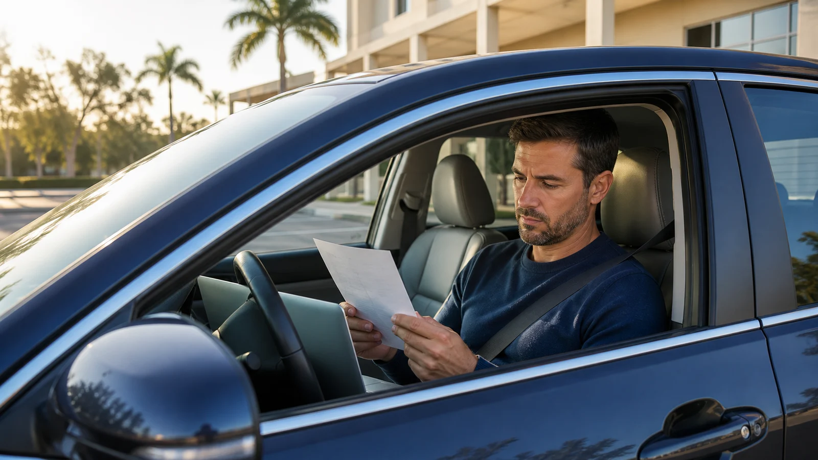 Driver reviewing a Florida traffic citation beside a laptop before choosing a Basic Driver Improvement course.