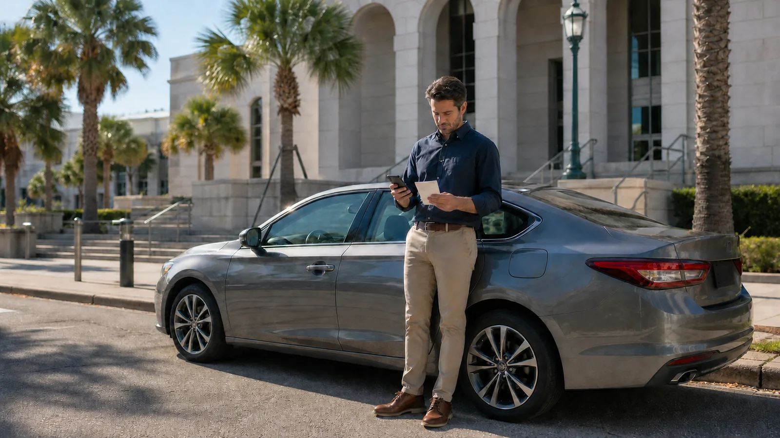 Florida driver outside a county courthouse checking a citation deadline before making a Basic Driver Improvement election.