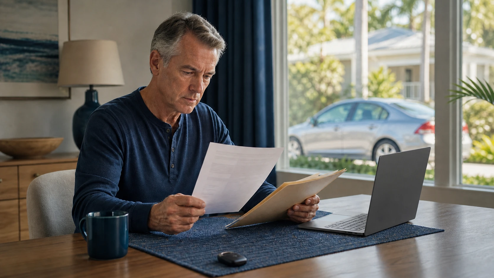 Florida driver reviewing course information and an auto insurance policy before enrolling