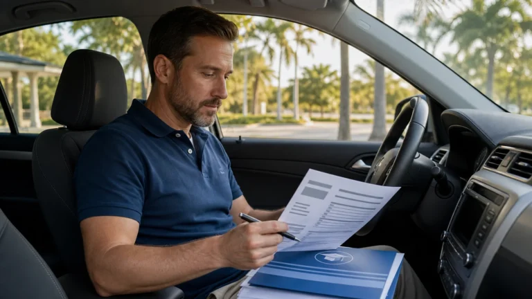 Florida driver reviewing a driving record beside a completed BDI course certificate