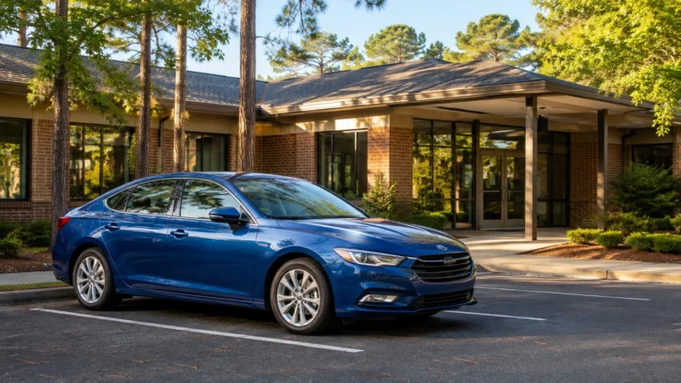 Blue sedan parked outside a brick classroom building.