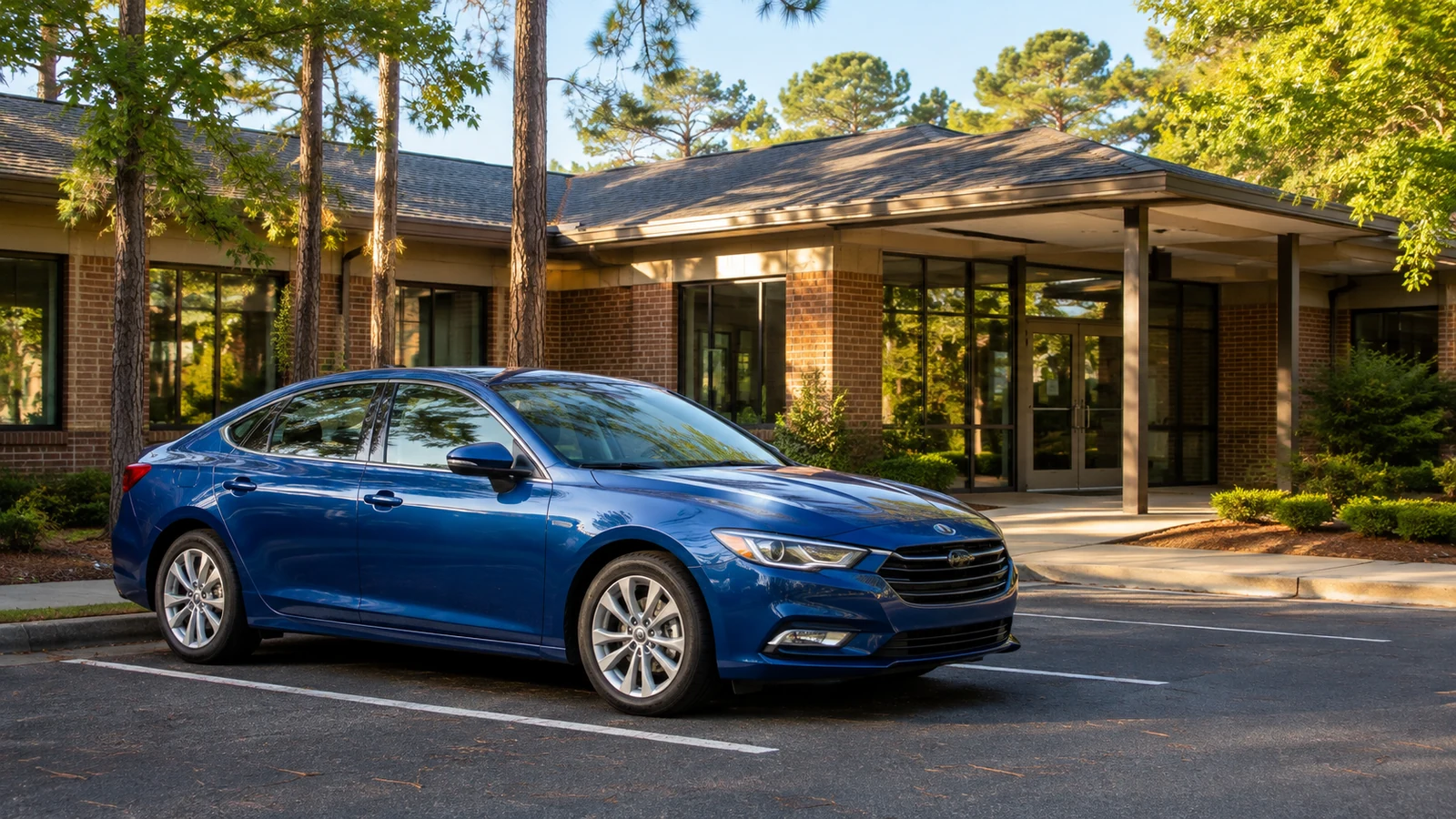 Blue sedan parked outside a brick classroom building.