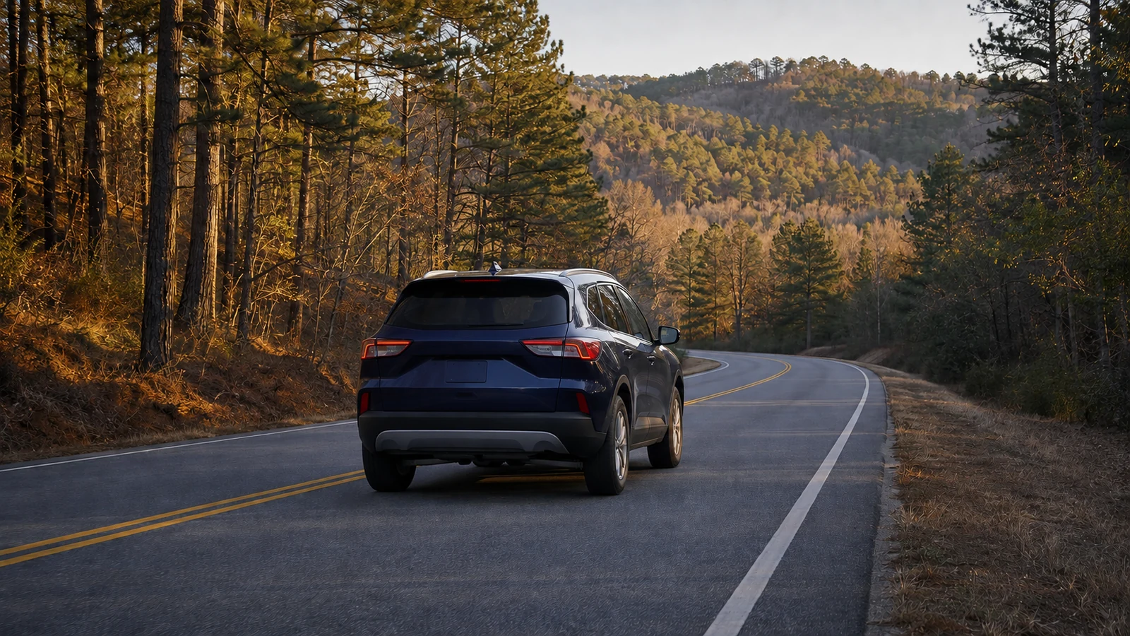Blue crossover following the right lane of a winding wooded Georgia road.