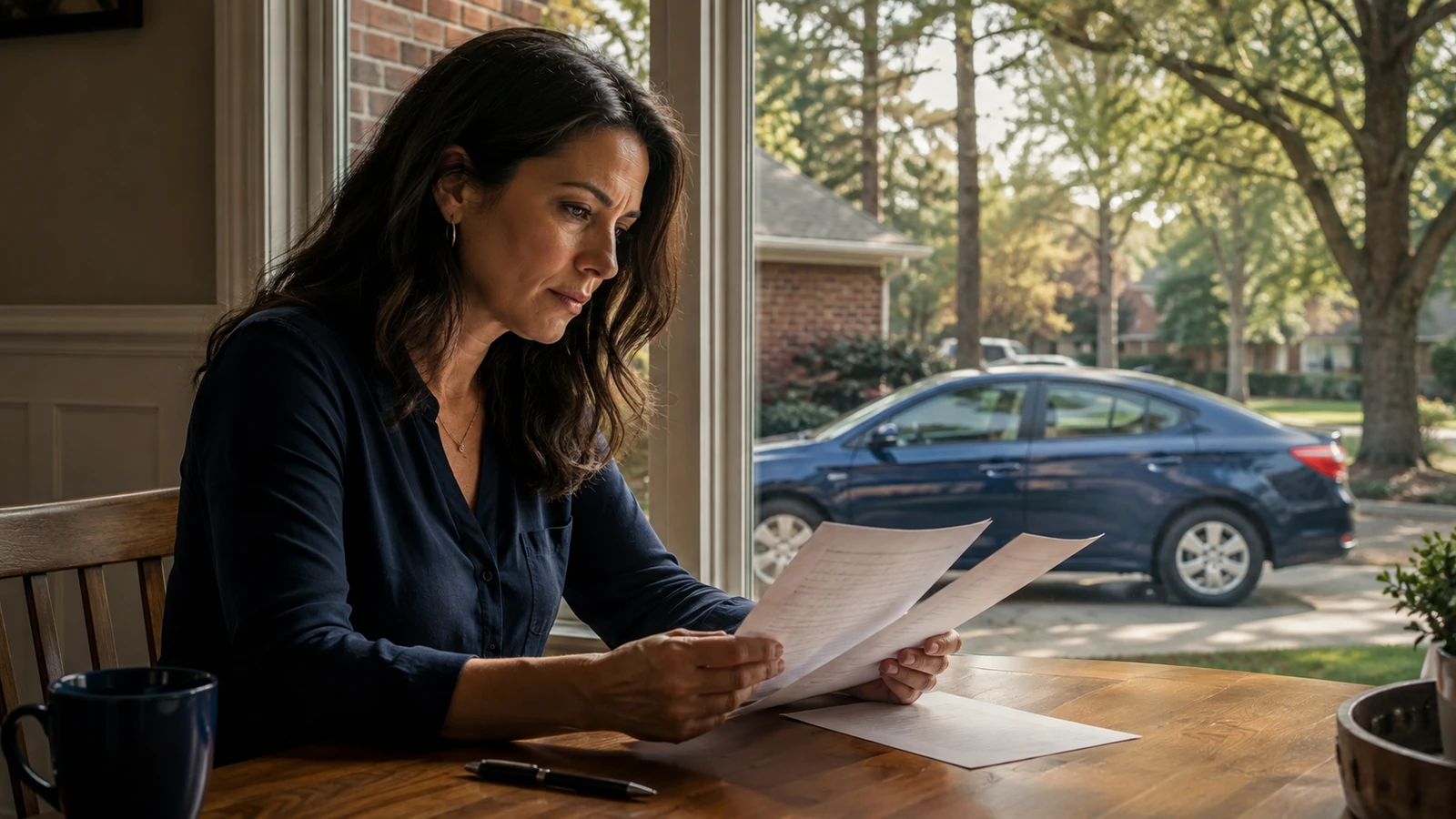 Woman reviewing paperwork at a table beside a window overlooking a parked blue car.