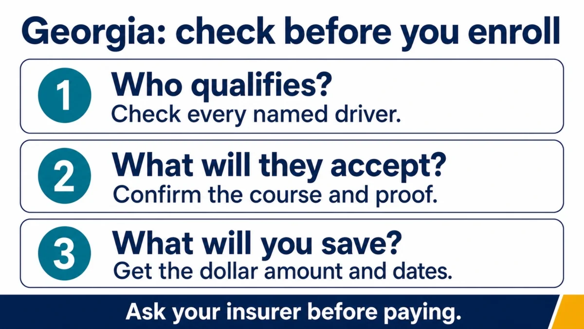 Before enrolling in Georgia, ask your insurer who qualifies, which course and proof it accepts, and how much you will save and for how long.