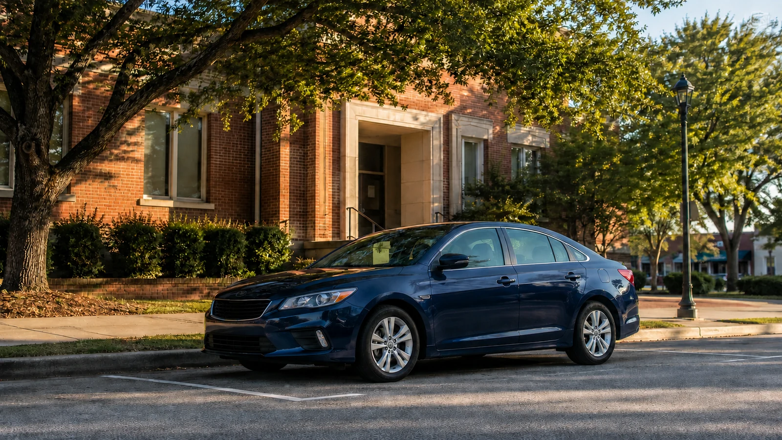 Blue sedan parked near a brick civic building on a quiet, tree-lined street.