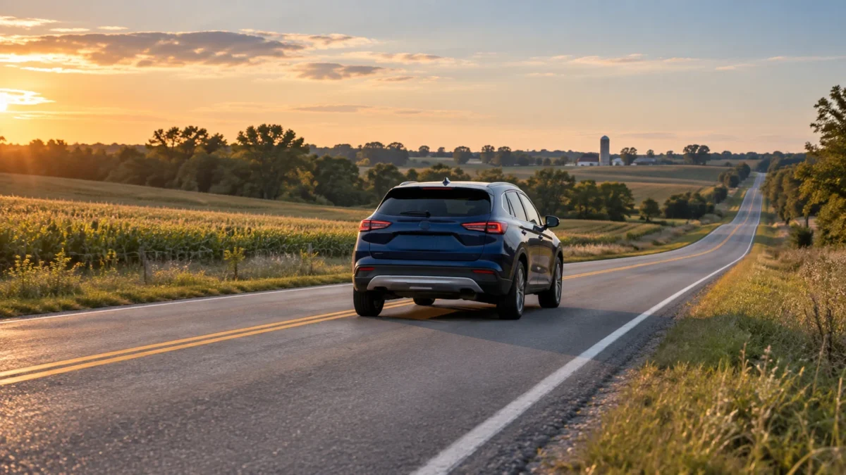 Blue crossover traveling along a rural Illinois road beside cornfields in warm evening light.