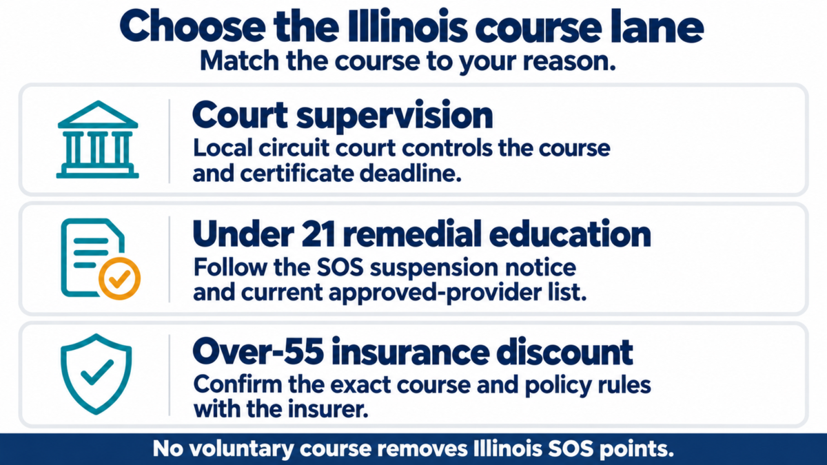 Illinois defensive driving course lanes: court supervision, under-21 SOS remedial education, and over-55 insurance discount.