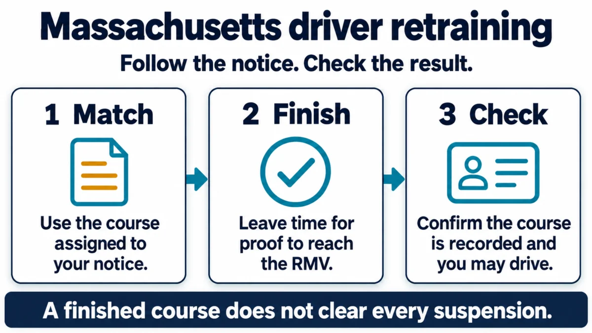 Three steps: match the assigned course to your notice, leave time for proof to reach the RMV, and confirm your course record and right to drive.