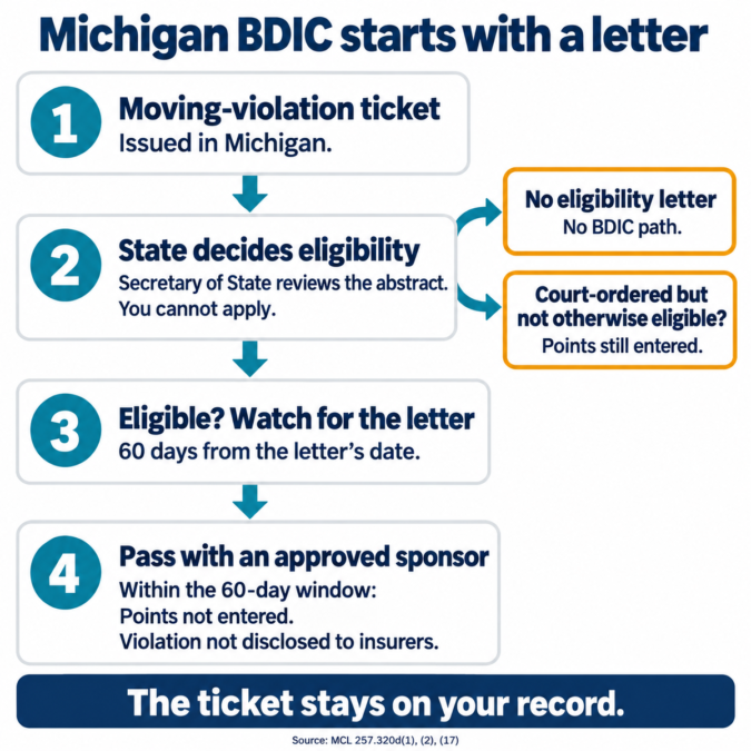 Flow diagram of Michigan's Basic Driver Improvement Course: ticket issued, Secretary of State decides eligibility, a letter starts a 60-day deadline, and passing keeps points off the record — with off-ramps for drivers who receive no letter and for court-ordered drivers who are not otherwise eligible.