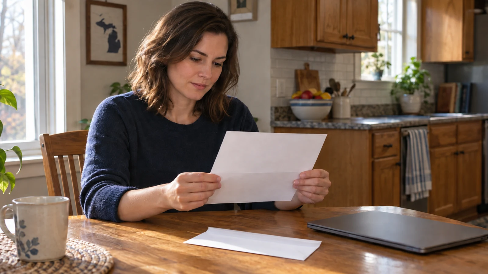A Michigan driver at a kitchen table reading a letter from the Secretary of State.