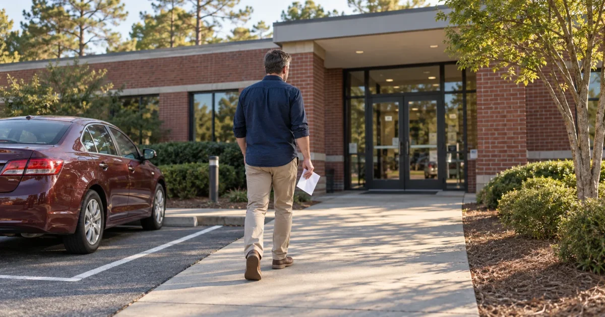 A driver walks toward a North Carolina DMV office holding a notification letter about the driver improvement clinic.