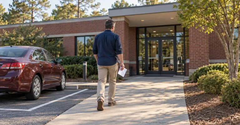 A driver walks toward a North Carolina DMV office holding a notification letter about the driver improvement clinic.