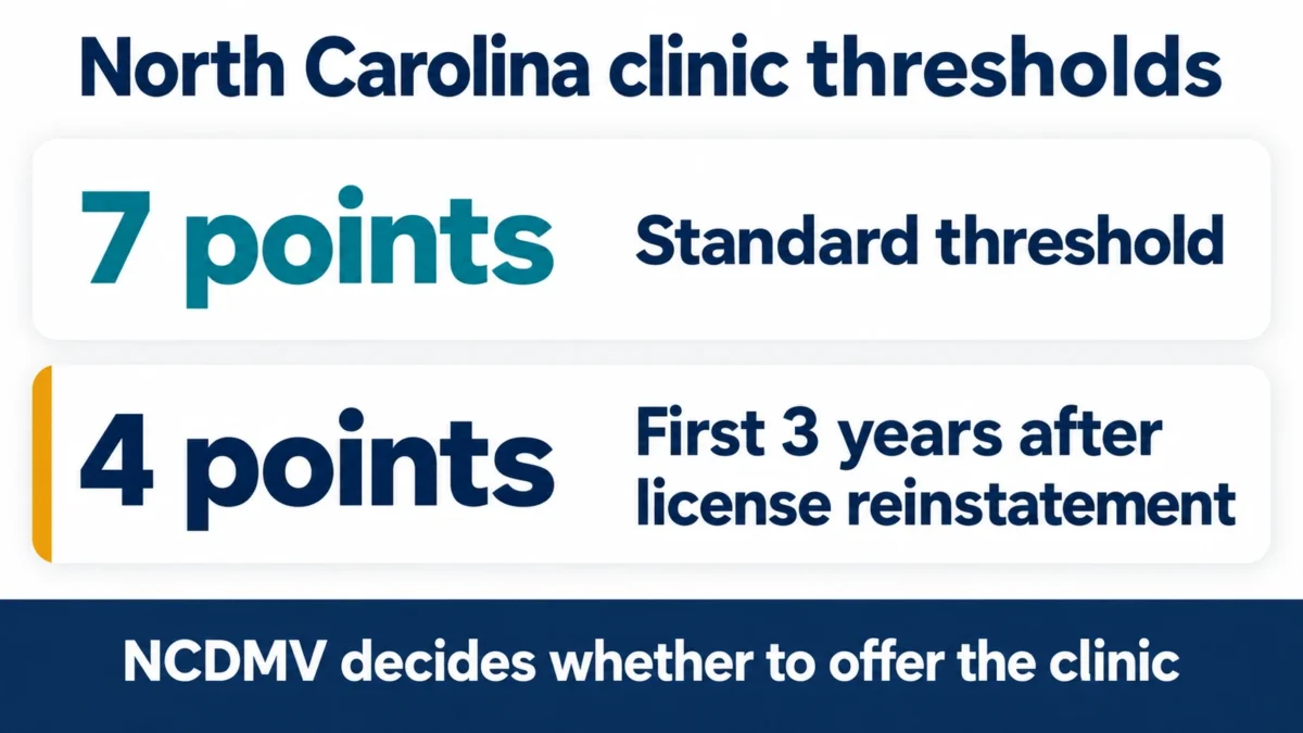 Chart comparing North Carolina’s two driver improvement clinic point thresholds: seven points normally, four points during the three-year post-reinstatement window.
