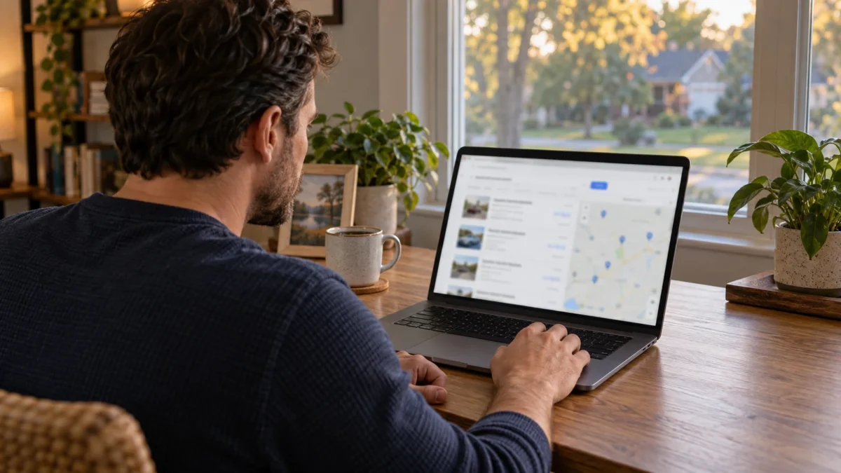 Man browsing a course-search interface on a laptop at a sunlit home desk