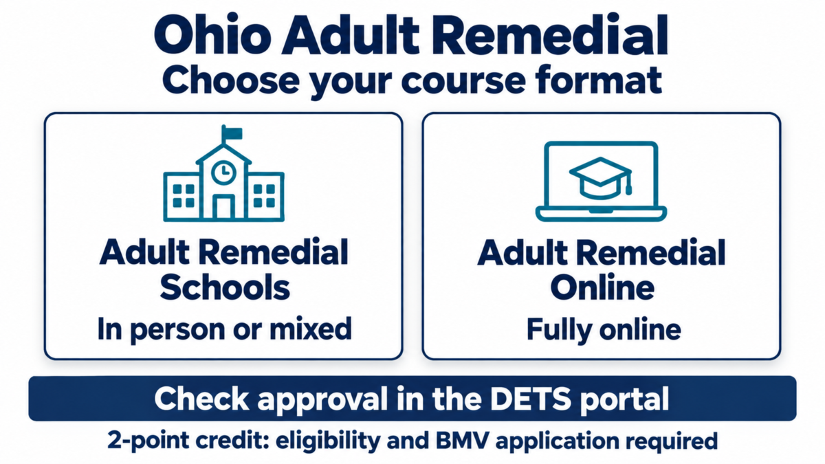Ohio Adult Remedial Schools offer in-person or mixed delivery; Adult Remedial Online is fully online. Check DETS approval; credit requires eligibility and a BMV application.