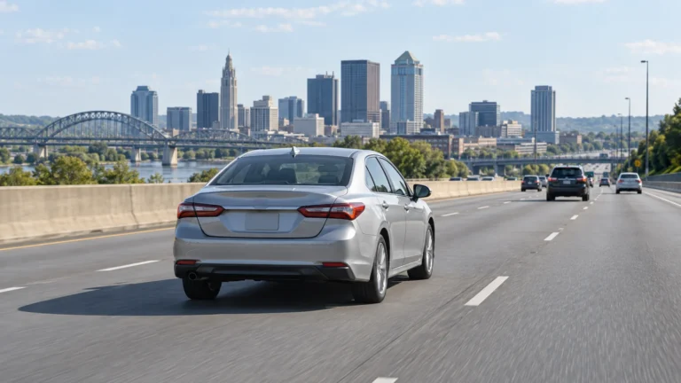 Silver sedan on an Ohio-style urban expressway in bright midday light, with a skyline and bridge in the distance