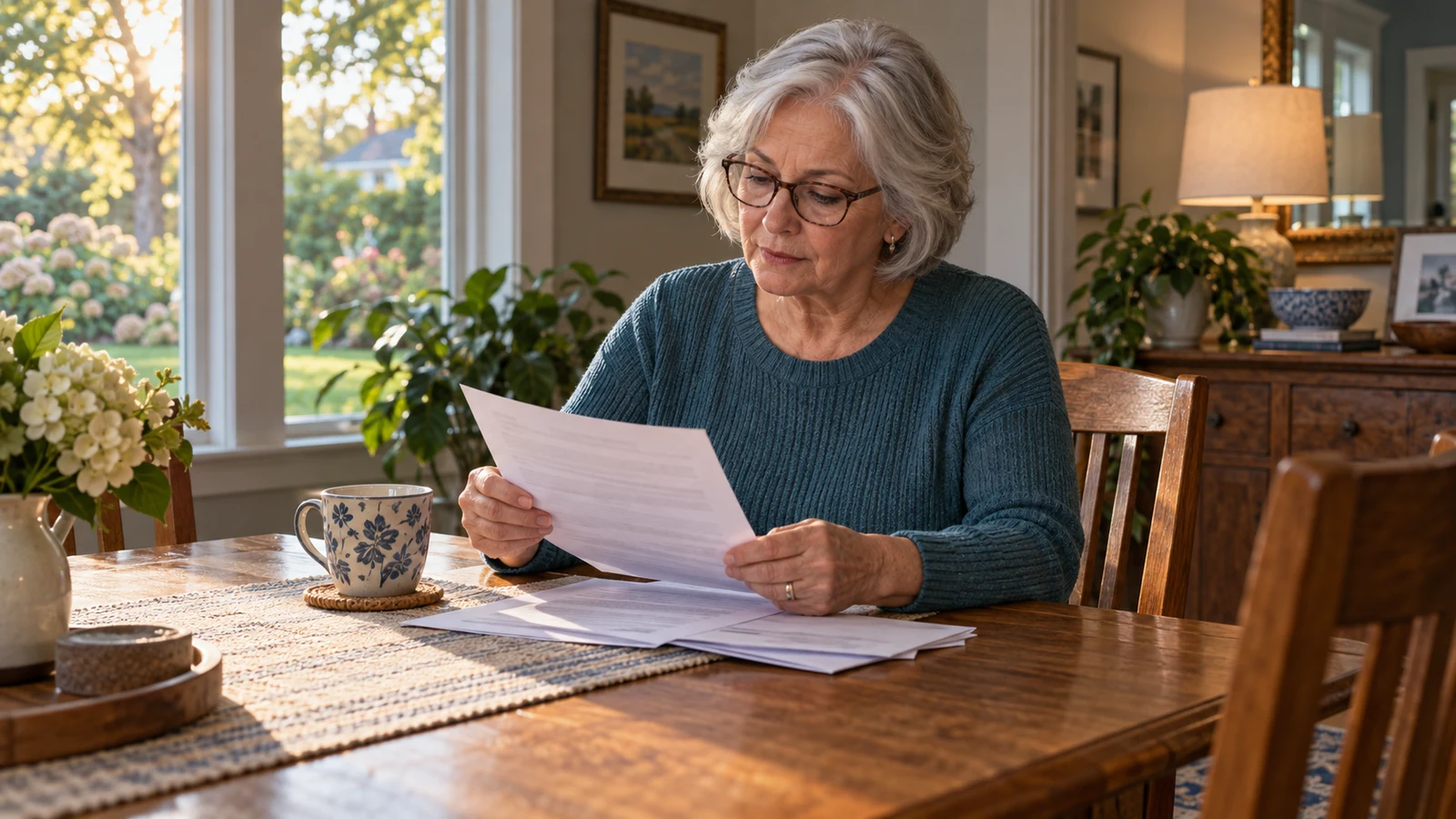 Older woman reviewing insurance paperwork at a sunlit dining table.