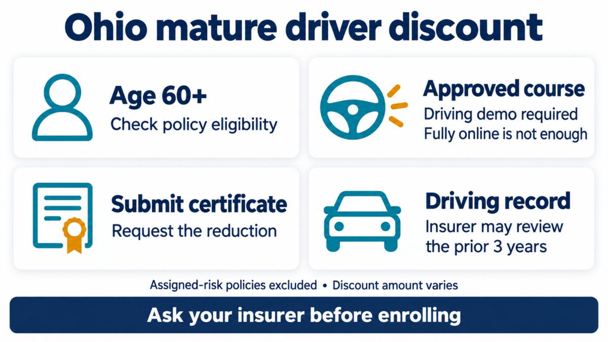 Ohio mature driver discount checks: age 60+, approved course with driving demonstration, certificate submission, and insurer review of the prior three-year driving record.