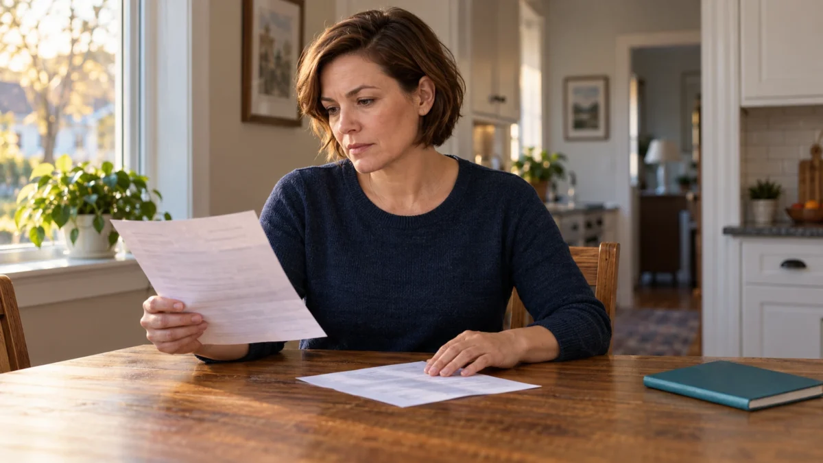Woman reviewing a paper citation and letter at a sunlit kitchen table.