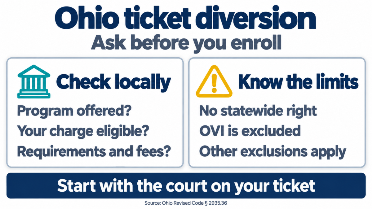 Ohio diversion checks: ask whether a program exists, your charge qualifies, and what it requires; there is no statewide right, OVI is excluded, and other exclusions apply.