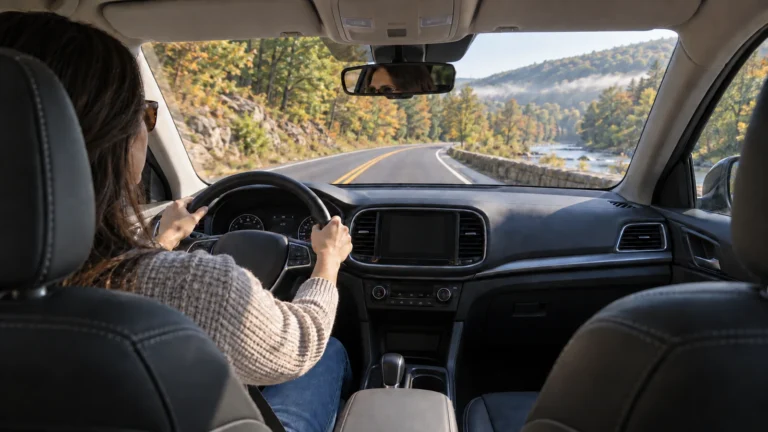 Driver looking ahead on a wooded Pennsylvania-style road.