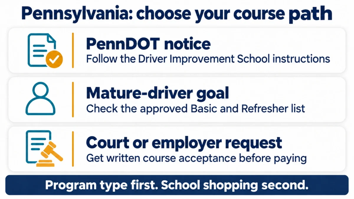 Three paths: PennDOT notice, approved mature-driver list, or written court or employer course acceptance.