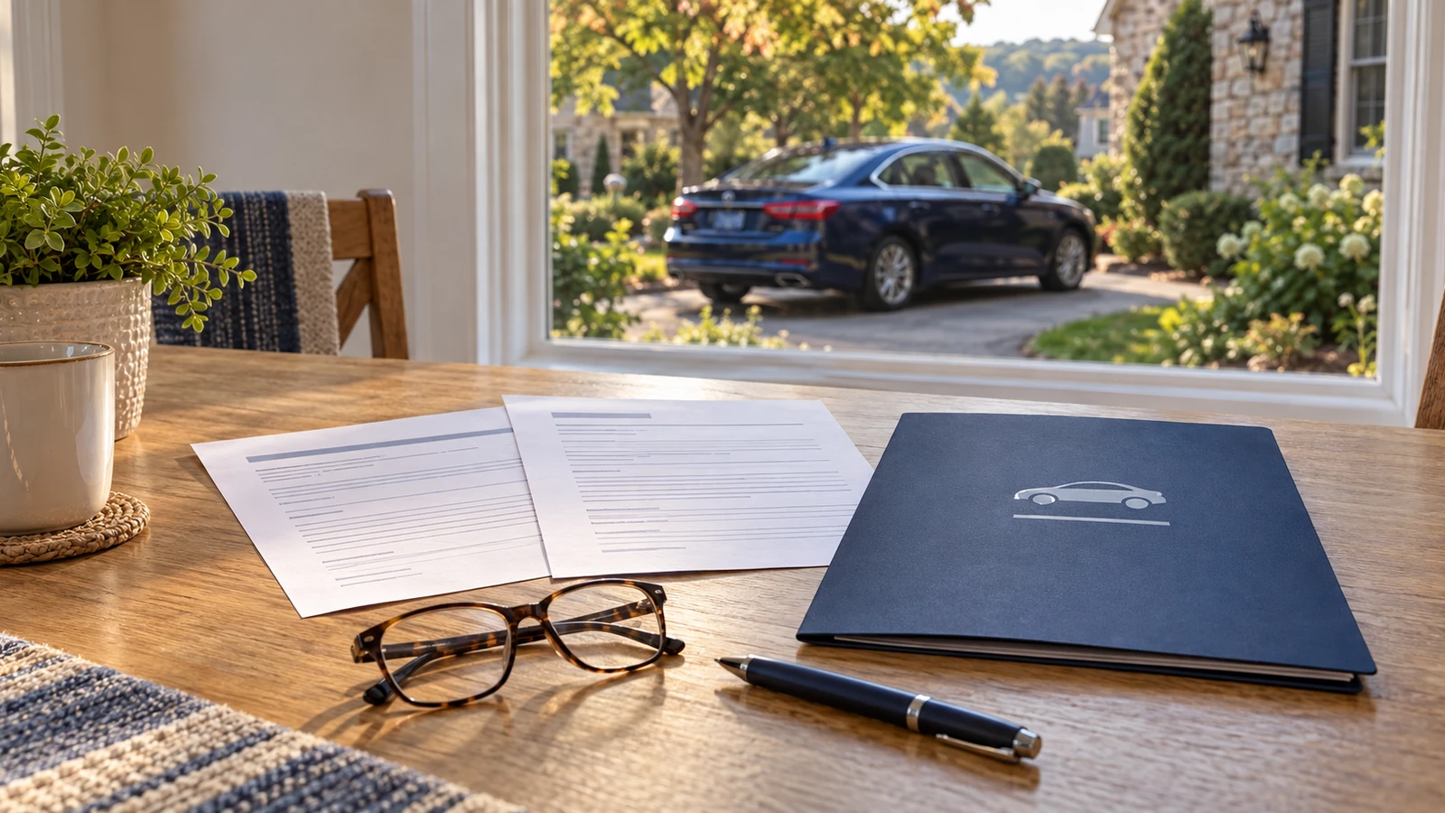 Generic course papers and an auto policy folder on a table overlooking a parked blue car.