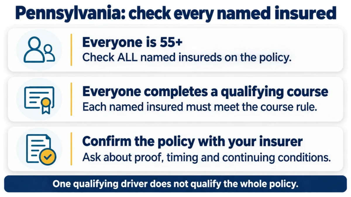 Every named insured must be at least 55 and complete a qualifying course; confirm proof, timing, and continuing conditions with the insurer.