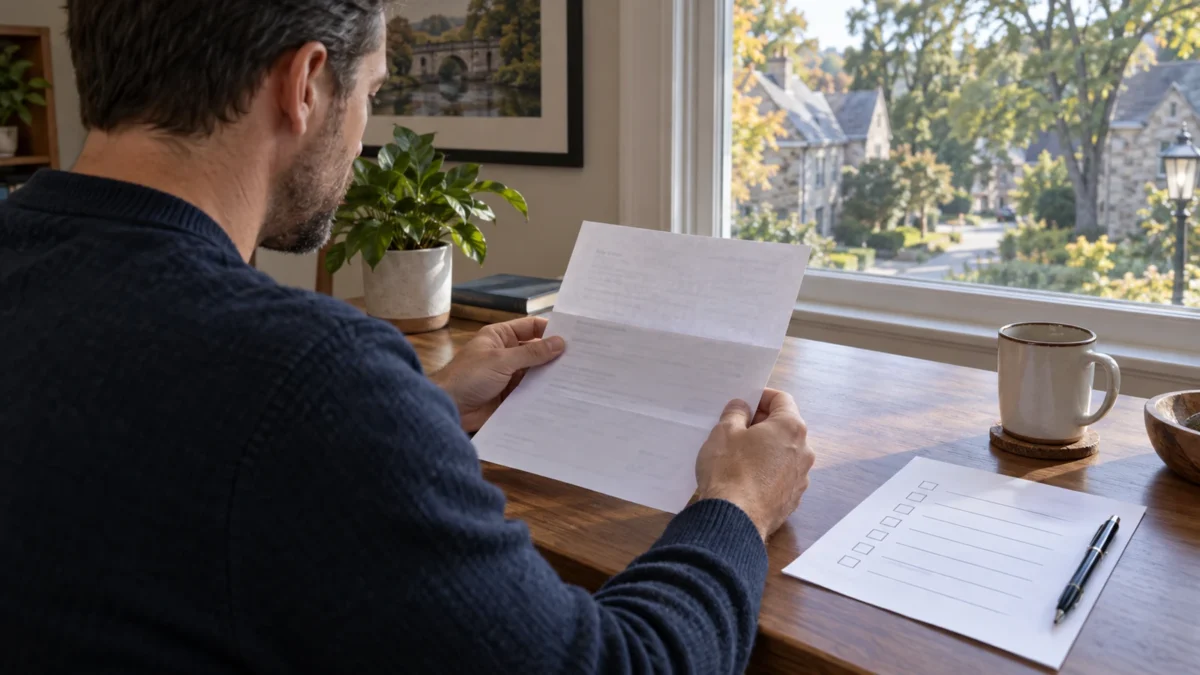 Driver reviewing a generic notice beside a checklist at a home desk.