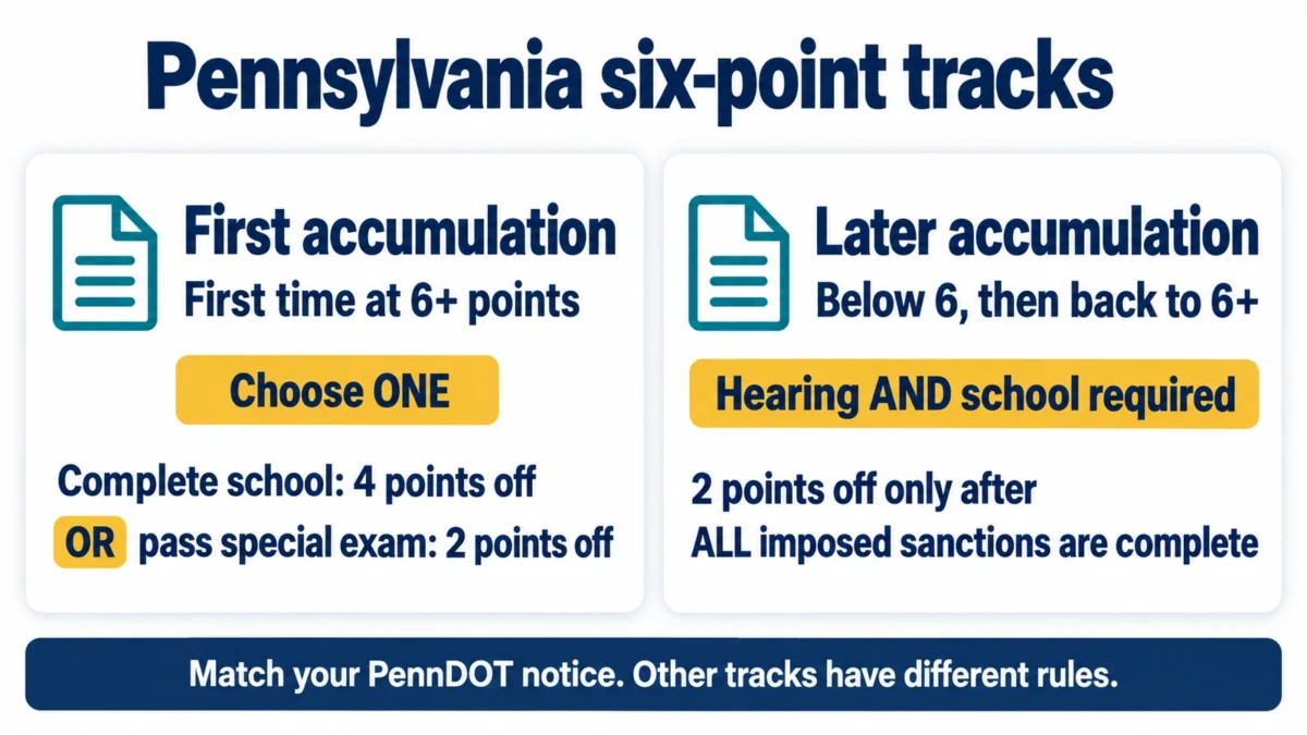 First six-point track: complete school for four points off or pass the exam for two. Later track: hearing and school, with two points off only after all imposed sanctions are complete.