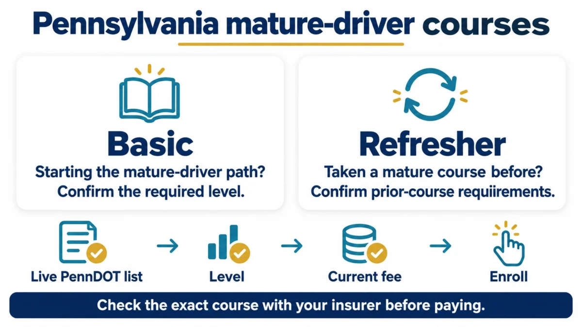 Basic and Refresher course checks: verify the live PennDOT list, required level, current fee, and insurer acceptance before enrolling.
