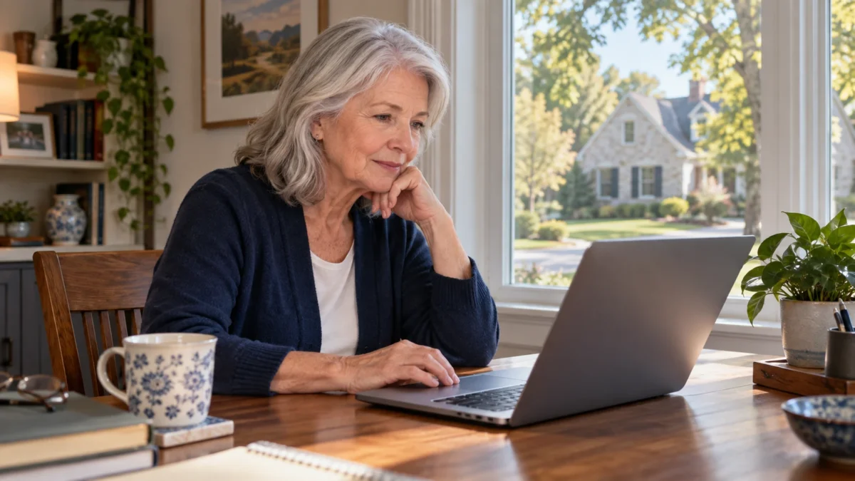 Older driver reviewing course options on a laptop beside a sunny window.