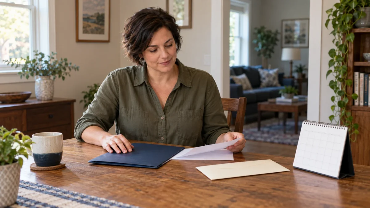 An Illinois driver organizing court papers, a calendar, and a course-completion folder at home.
