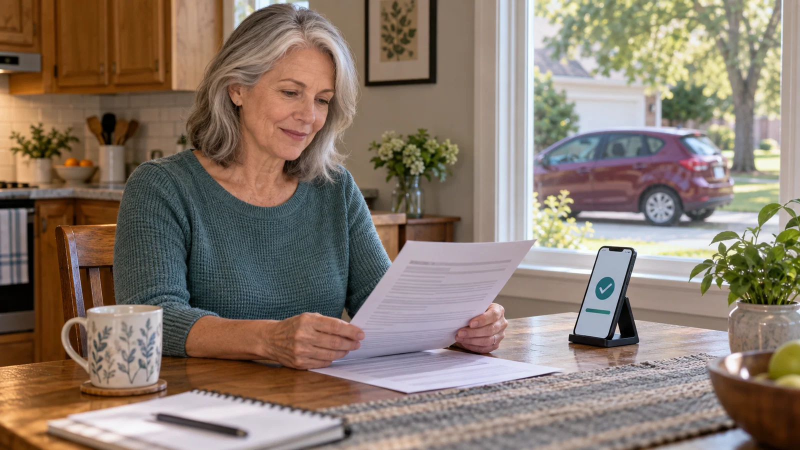 An Illinois driver over 55 reviewing an insurance policy document and course completion screen.