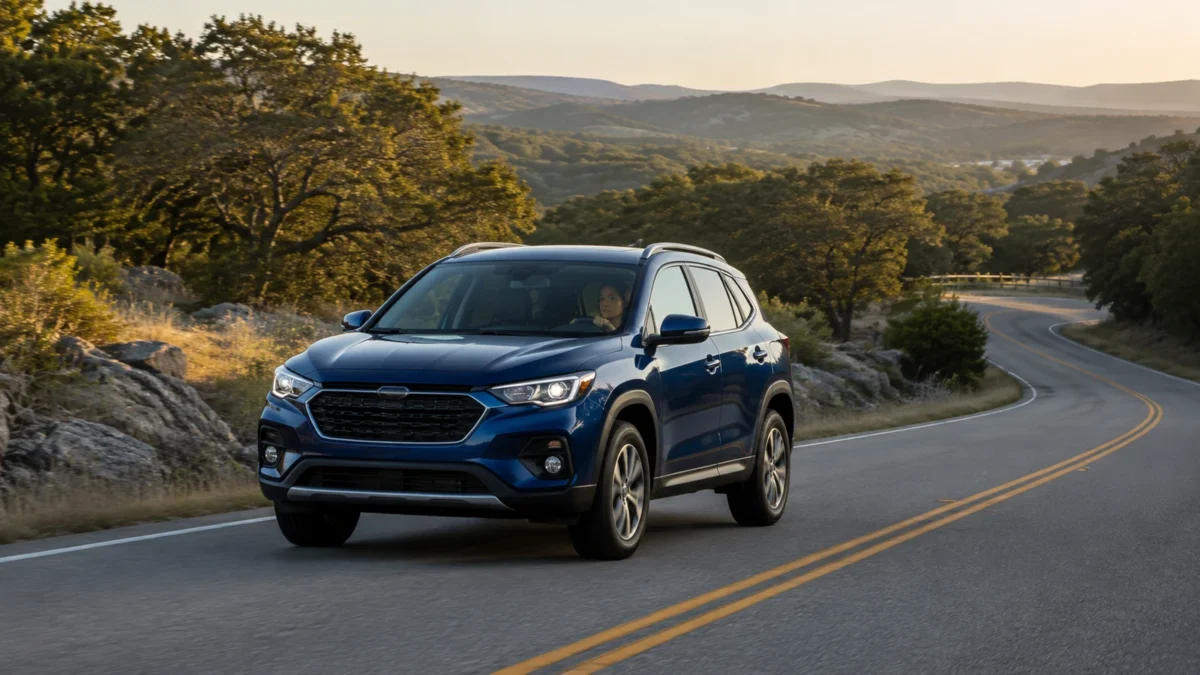 Blue SUV traveling safely on a winding Texas Hill Country road at sunrise