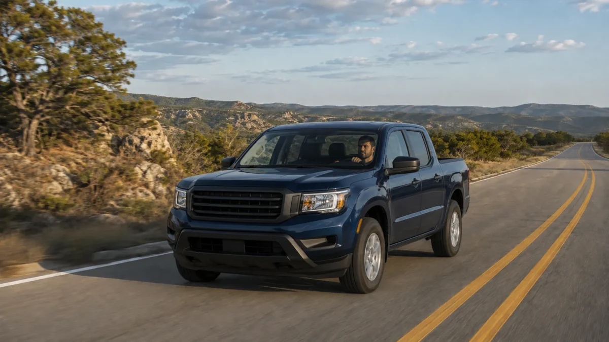 Texas driver operating a dark blue pickup truck on a Hill Country road