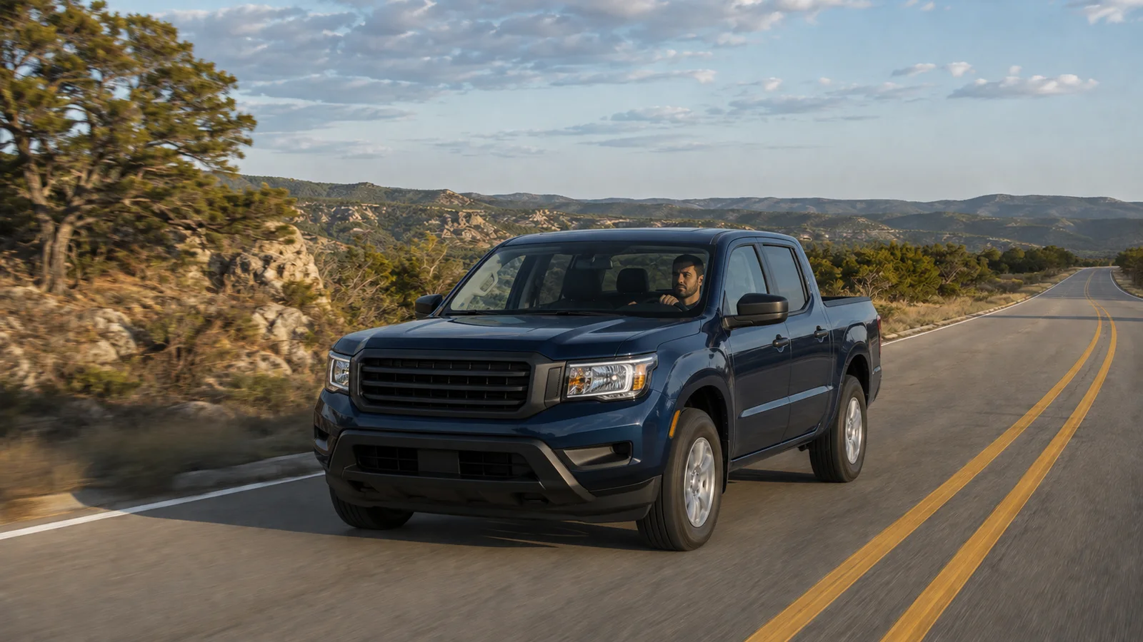 Texas driver operating a dark blue pickup truck on a Hill Country road