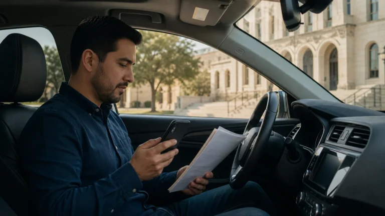 Texas driver reviewing court paperwork and a phone while parked outside a municipal courthouse