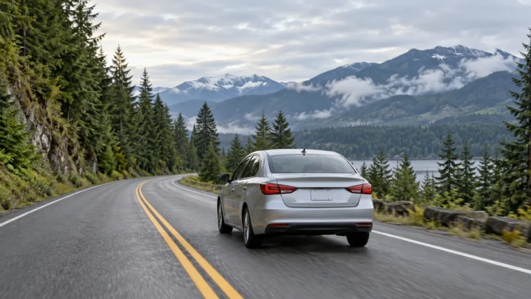 A sedan driving safely on a tree-lined Washington road beneath soft overcast light.