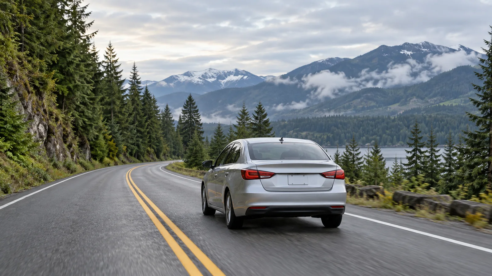 A sedan driving safely on a tree-lined Washington road beneath soft overcast light.