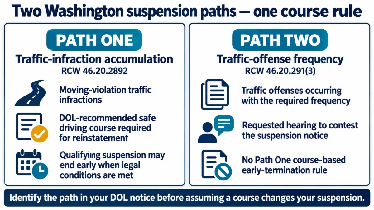 Comparison graphic showing that Washington's Path One traffic-infraction suspension can require a DOL-recommended safe driving course and may end early when conditions are met, while Path Two traffic-offense-frequency suspension has its own hearing rule and no course-based early-termination rule shown.
